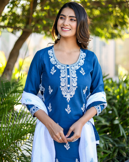 Rama Kery Rayon Embroidered Kurti Set with Pant & Dupatta