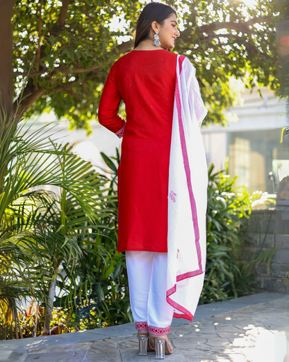 Red Kery Rayon Embroidered Kurti Set with Pant & Dupatta