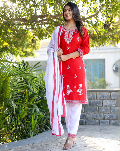 Red Kery Rayon Embroidered Kurti Set with Pant & Dupatta