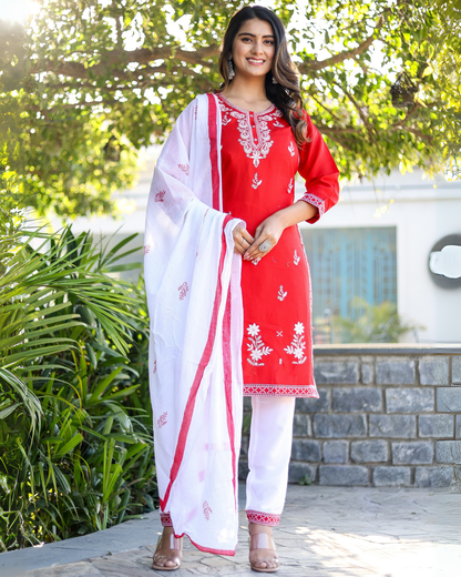 Red Kery Rayon Embroidered Kurti Set with Pant & Dupatta