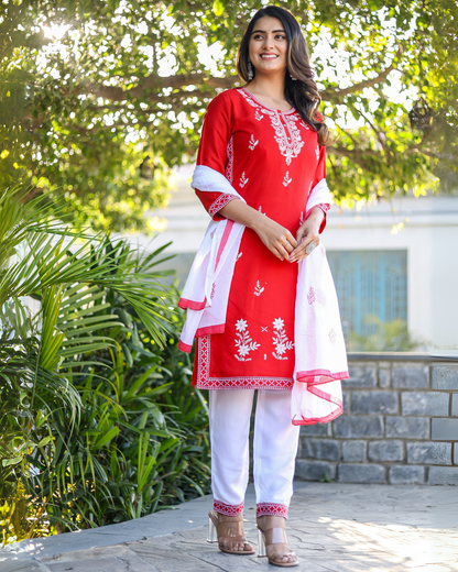Red Kery Rayon Embroidered Kurti Set with Pant & Dupatta