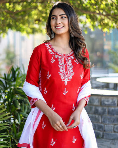 Red Kery Rayon Embroidered Kurti Set with Pant & Dupatta