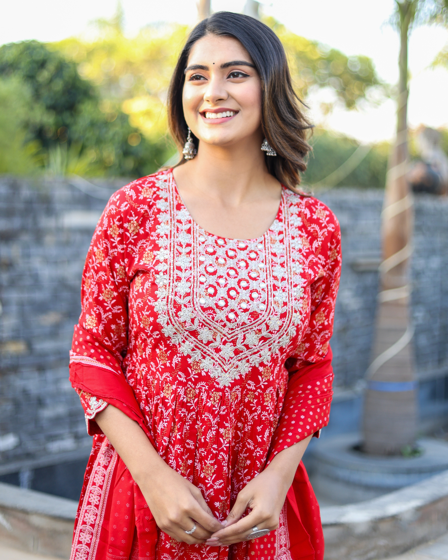 Red Rayon Printed Sharara Set with Embroidered Yoke & Dupatta