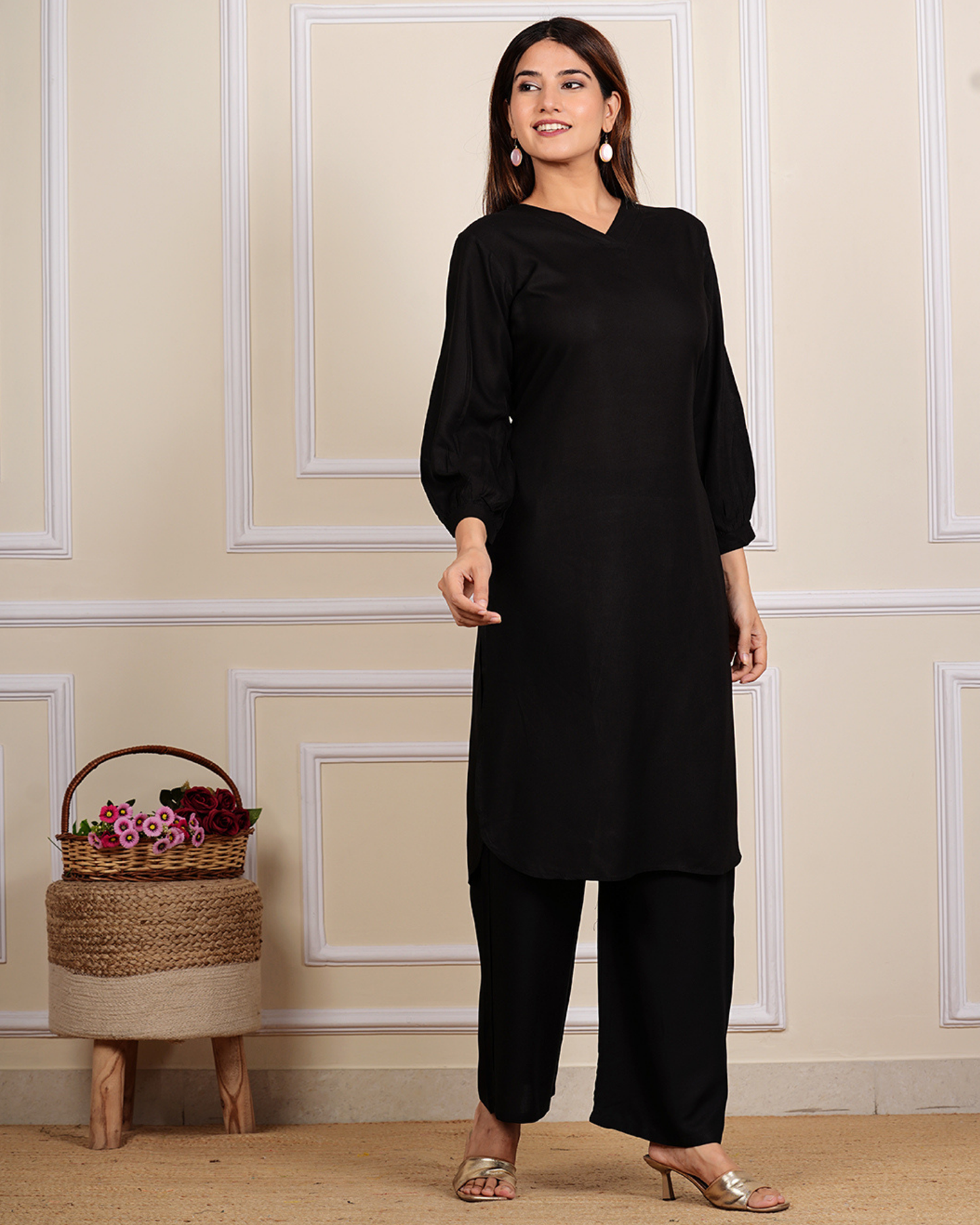 Black Solid Rayon Calf-Length Kurti with Plazo Set for Women