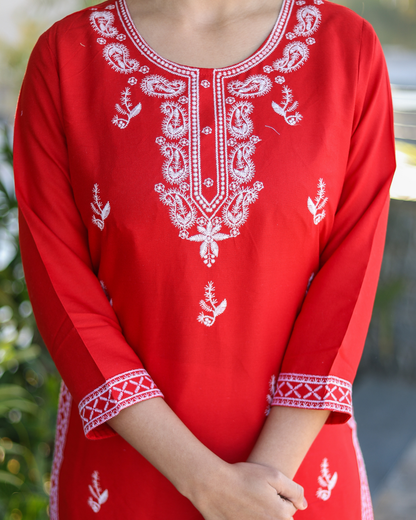 Red Kery Rayon Embroidered Kurti Set with Pant & Dupatta