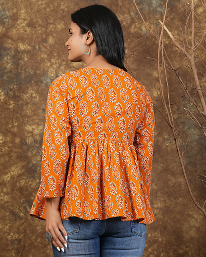 Orange Butta Cotton Top Traditional Comfort & Style