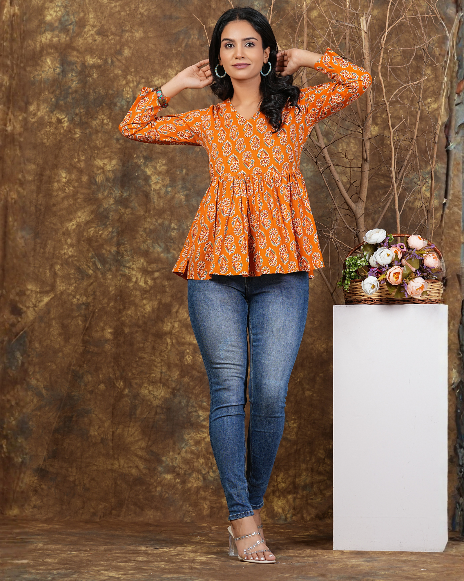 Orange Butta Cotton Top Traditional Comfort & Style