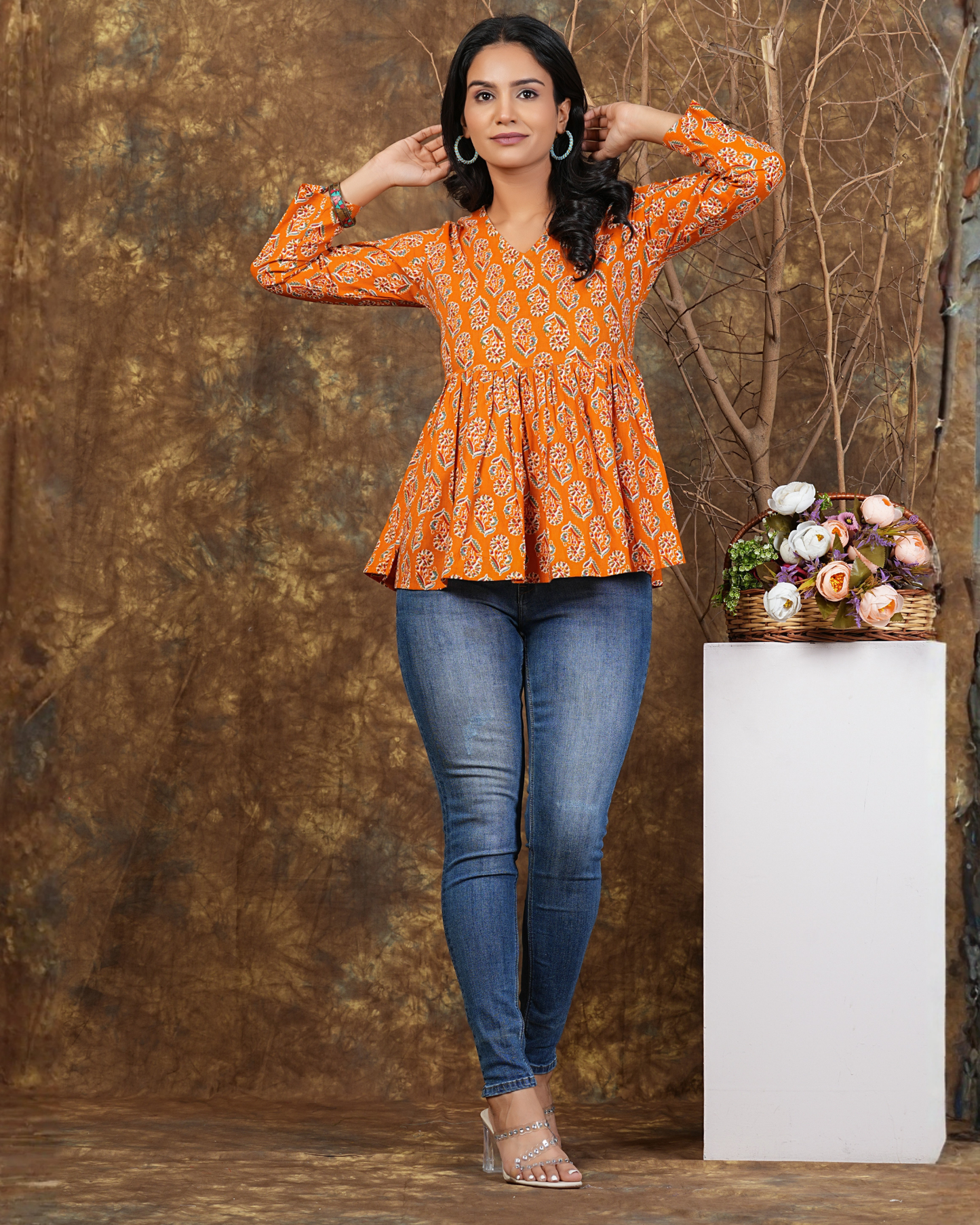 Orange Butta Cotton Top Traditional Comfort & Style