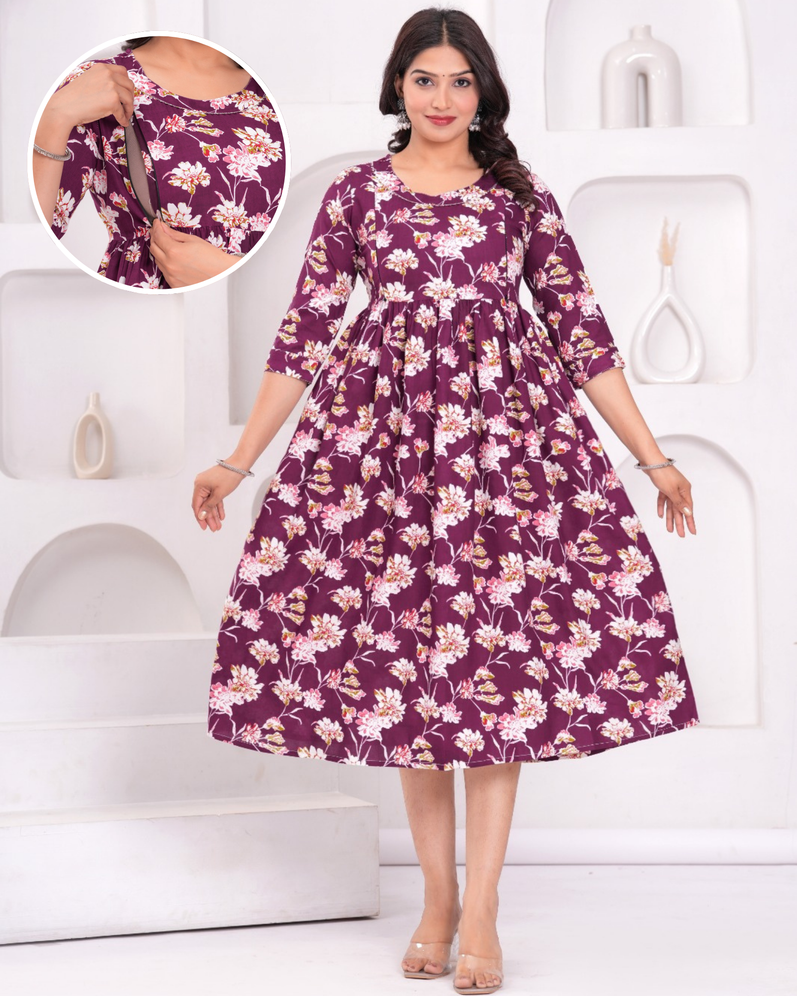 Elegant Wine Flower Maternity Gown with Convenient Feeding Zip