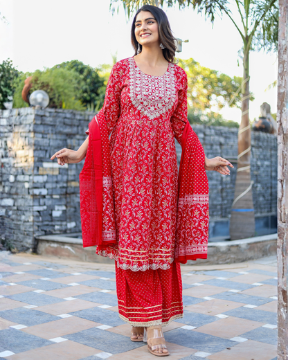 Red Rayon Printed Sharara Set with Embroidered Yoke & Dupatta