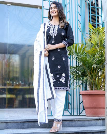 Black Kery Rayon Embroidered Kurti Set with Pant & Dupatta