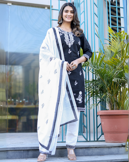 Black Kery Rayon Embroidered Kurti Set with Pant & Dupatta