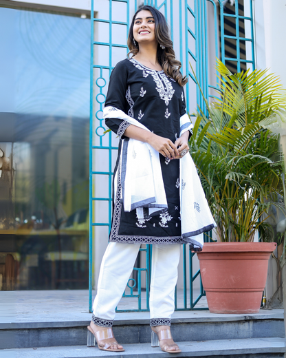 Black Kery Rayon Embroidered Kurti Set with Pant & Dupatta
