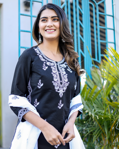 Black Kery Rayon Embroidered Kurti Set with Pant & Dupatta