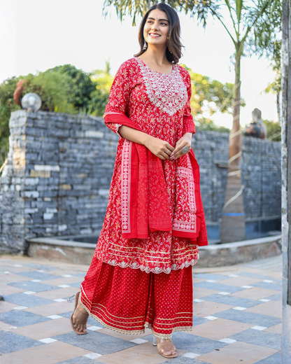 Red Rayon Printed Sharara Set with Embroidered Yoke & Dupatta