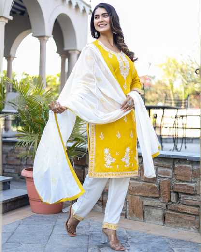 Mustard Kery Rayon Embroidered Kurti Set with Pant & Dupatta