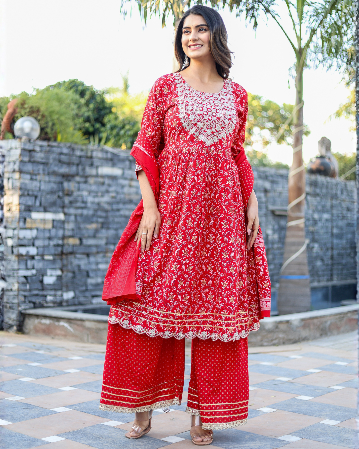 Red Rayon Printed Sharara Set with Embroidered Yoke & Dupatta