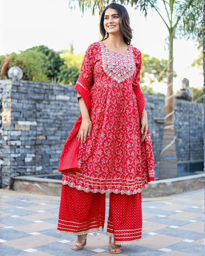 Red Rayon Printed Sharara Set with Embroidered Yoke & Dupatta
