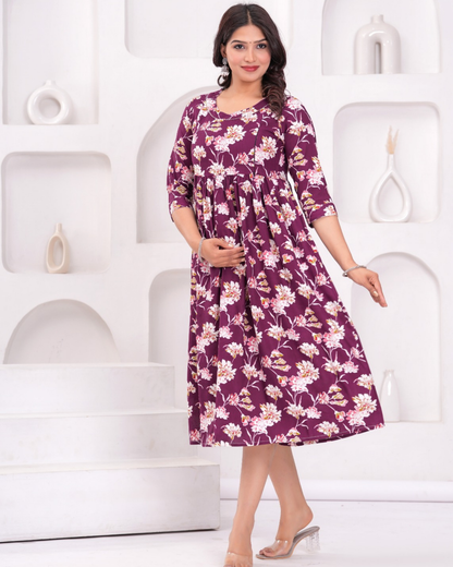 Elegant Wine Flower Maternity Gown with Convenient Feeding Zip
