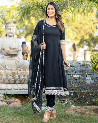 Black Makdi Rayon Anarkali Kurti Set with Lace Work, Pant & Dupatta