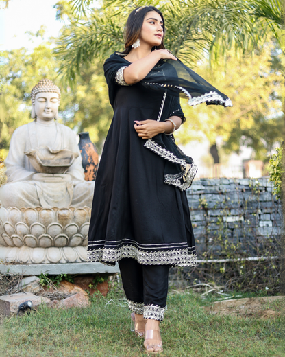 Black Makdi Rayon Anarkali Kurti Set with Lace Work, Pant & Dupatta