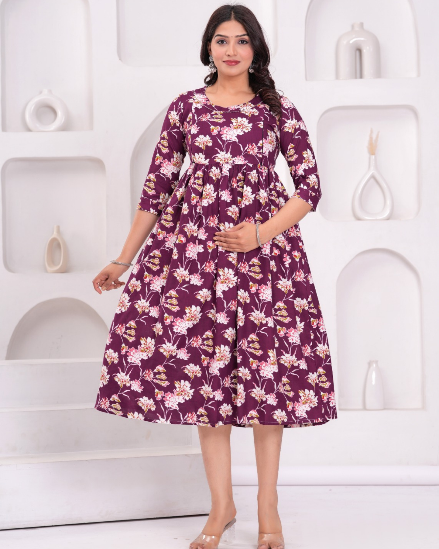 Elegant Wine Flower Maternity Gown with Convenient Feeding Zip