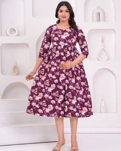 Elegant Wine Flower Maternity Gown with Convenient Feeding Zip