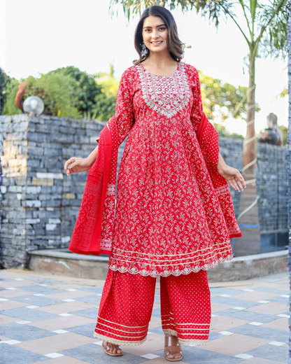 Red Rayon Printed Sharara Set with Embroidered Yoke & Dupatta