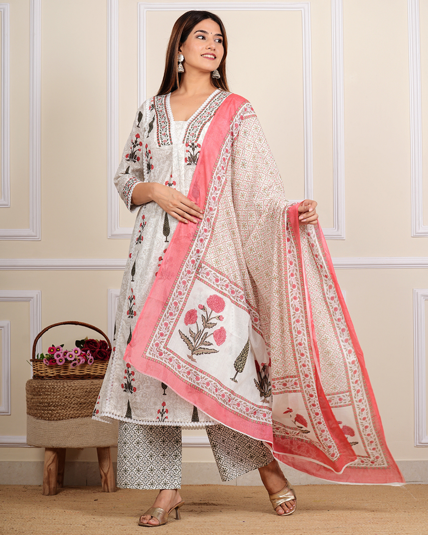Cotton Printed Anarkali Kurti Set with Pocket, Pant & Dupatta