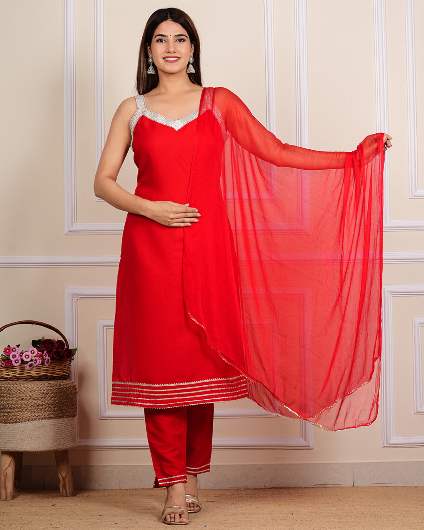 Red Cross Gala Stylish Sleeveless Kurti Set with Lace, Pant & Dupatta