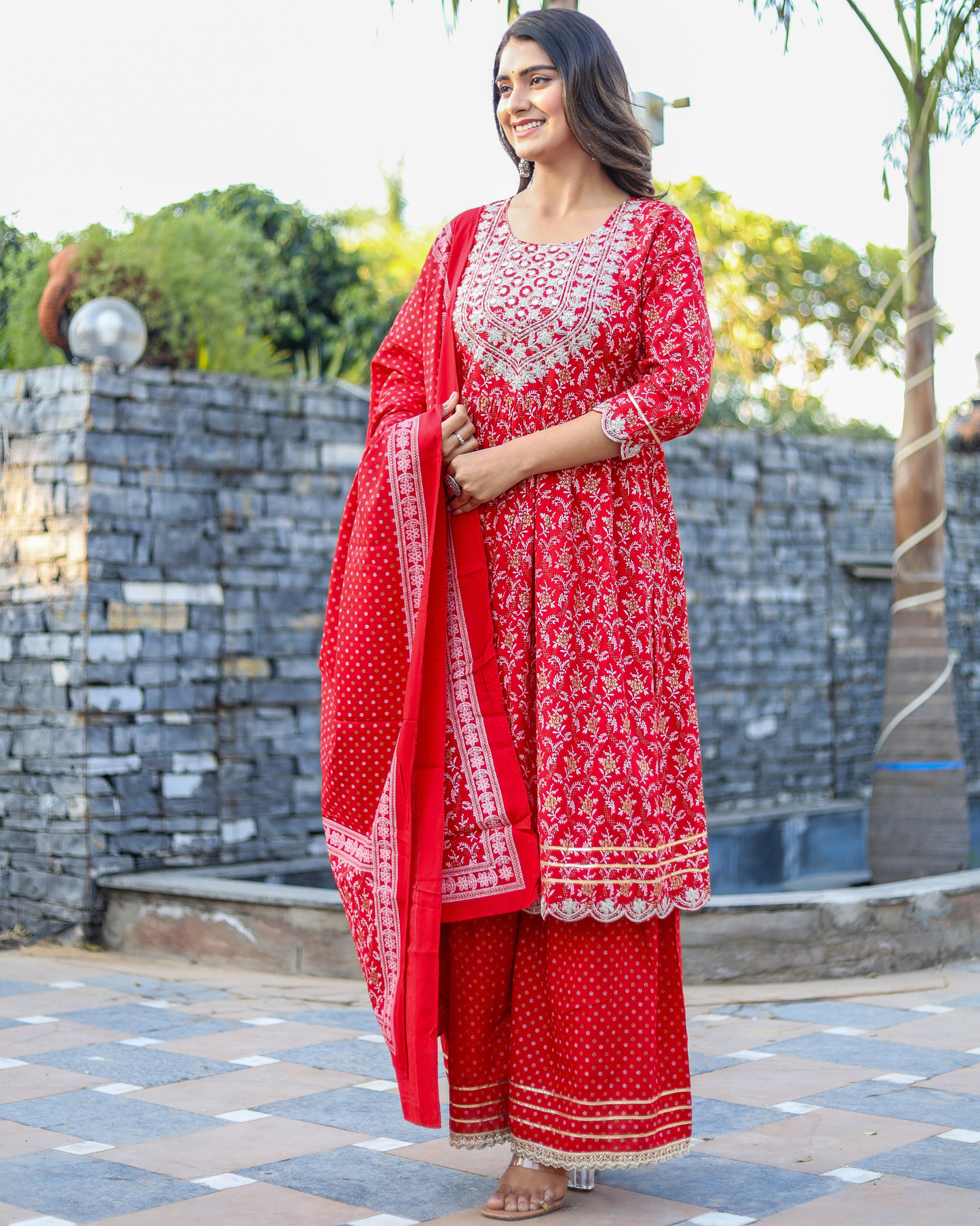 Red Rayon Printed Sharara Set with Embroidered Yoke & Dupatta
