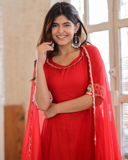 Red Makdi Rayon Anarkali Kurti Set with Lace Work Pant & Dupatta