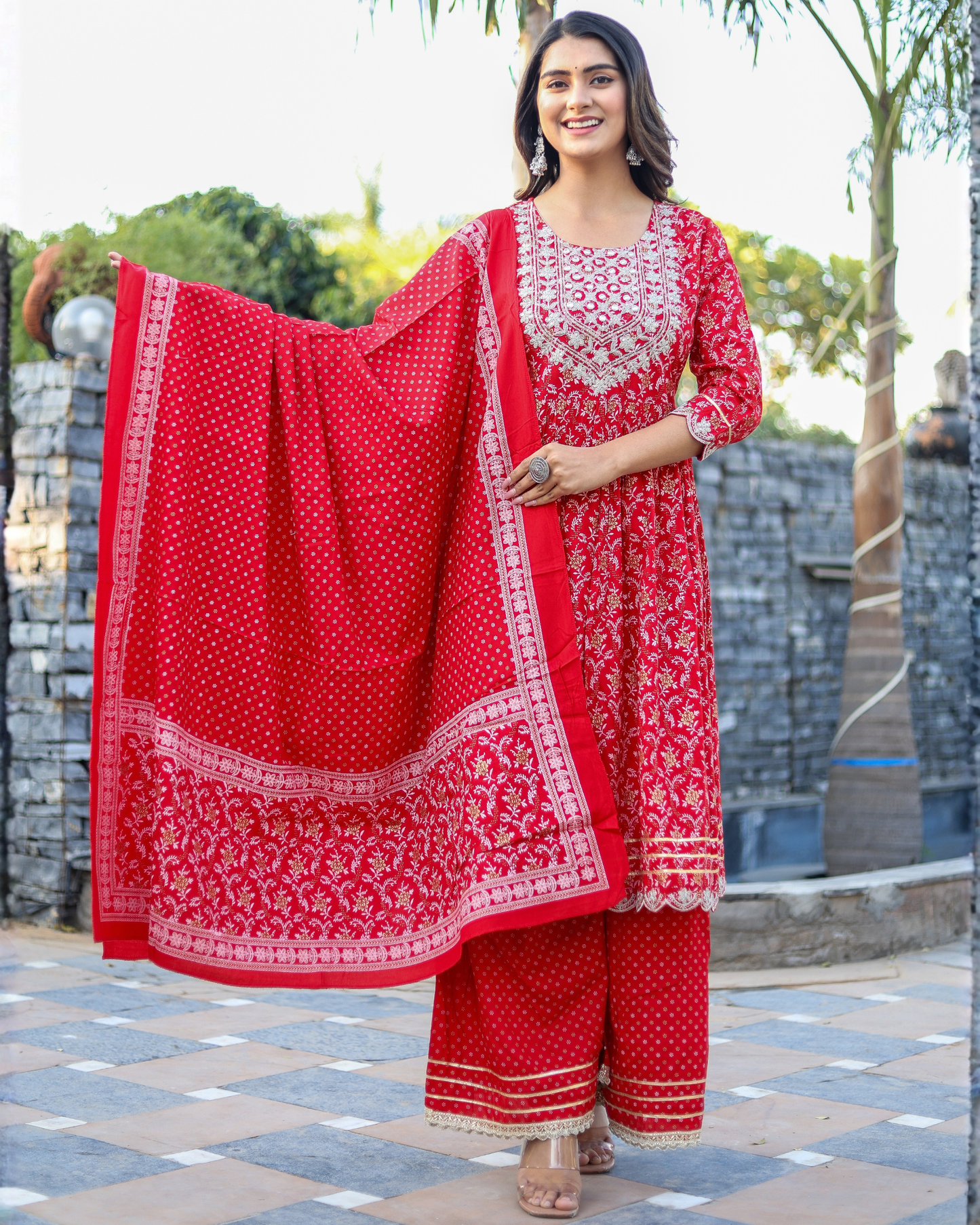 Red Rayon Printed Sharara Set with Embroidered Yoke & Dupatta