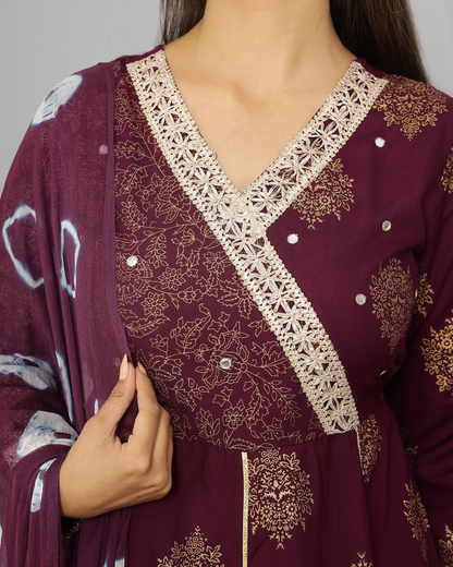 Purple Butta Jaal Kurti Set with Dupatta - Rayon & Chiffon