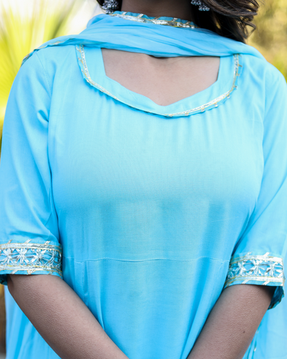 Sky Makdi Rayon Anarkali Kurti Set with Lace Work Pant & Dupatta