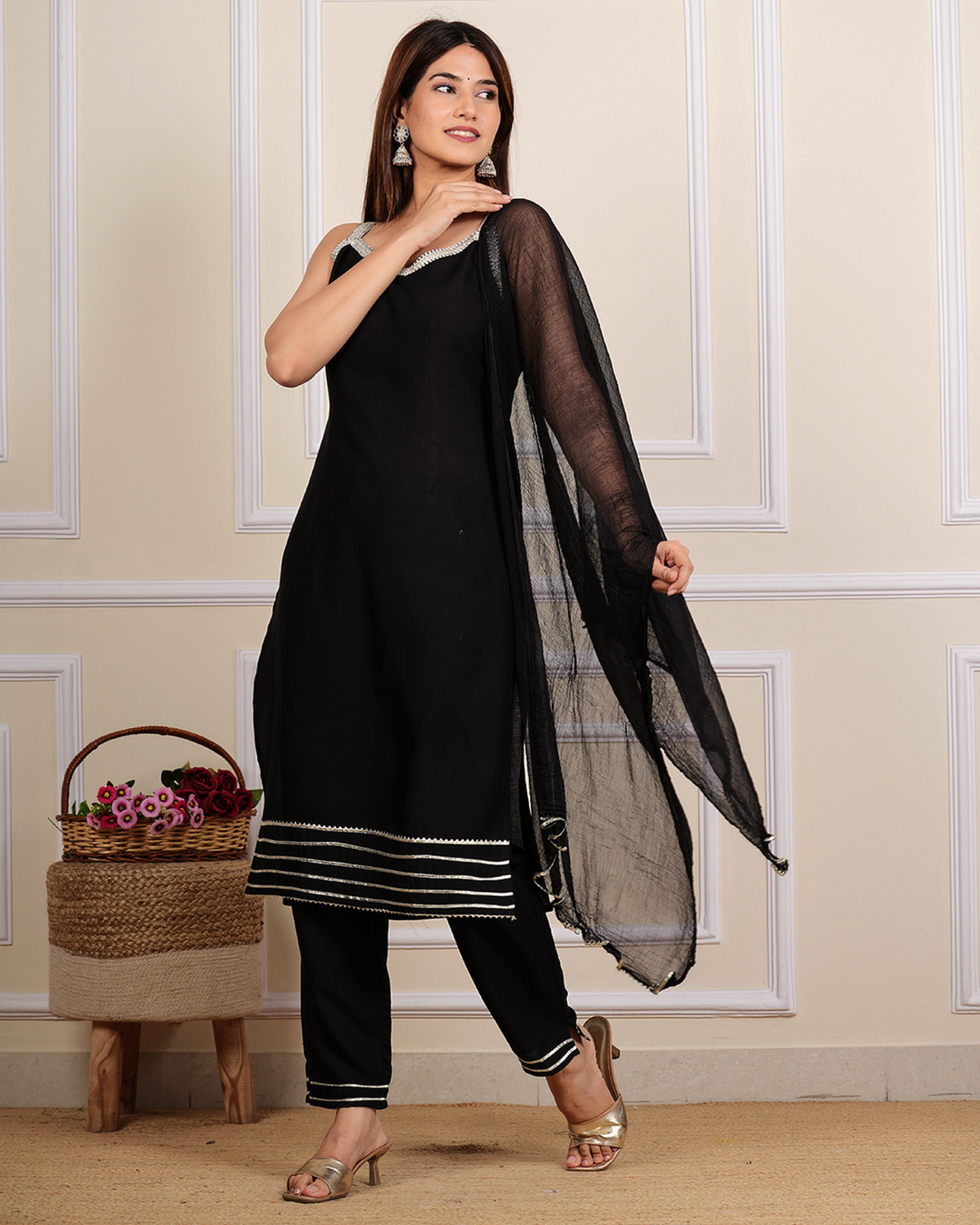Black Cross Gala Stylish Sleeveless Kurti Set with Lace, Pant & Dupatta