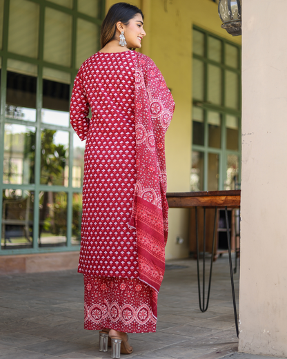 Maroon Cotton Printed Anarkali Style Kurti with Sequence Work Pant and Dupatta Set