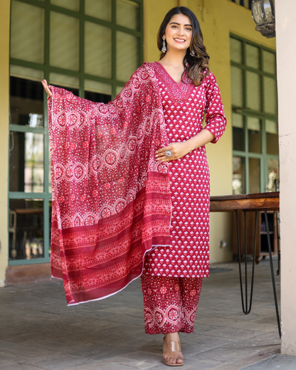 Maroon Cotton Printed Anarkali Style Kurti with Sequence Work Pant and Dupatta Set