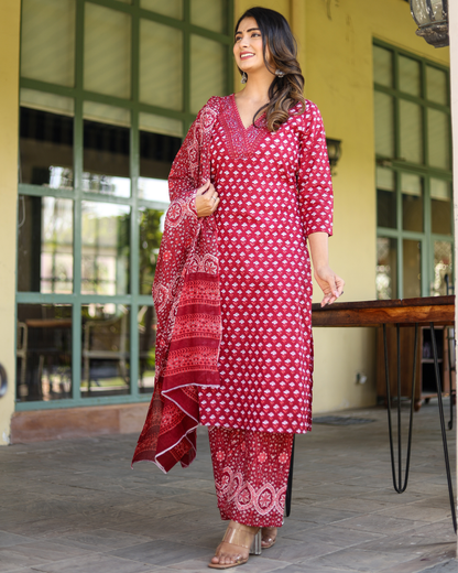 Maroon Cotton Printed Anarkali Style Kurti with Sequence Work Pant and Dupatta Set
