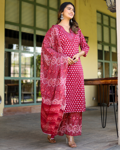 Maroon Cotton Printed Anarkali Style Kurti with Sequence Work Pant and Dupatta Set