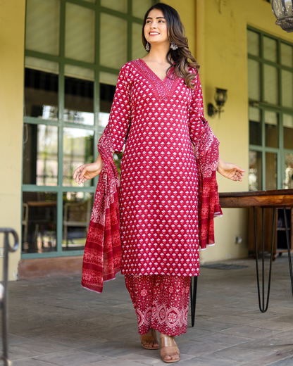 Maroon Cotton Printed Anarkali Style Kurti with Sequence Work Pant and Dupatta Set
