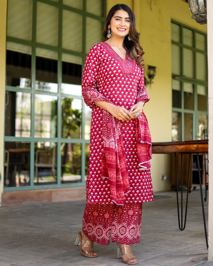 Maroon Cotton Printed Anarkali Style Kurti with Sequence Work Pant and Dupatta Set