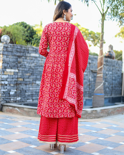 Red Rayon Printed Sharara Set with Embroidered Yoke & Dupatta