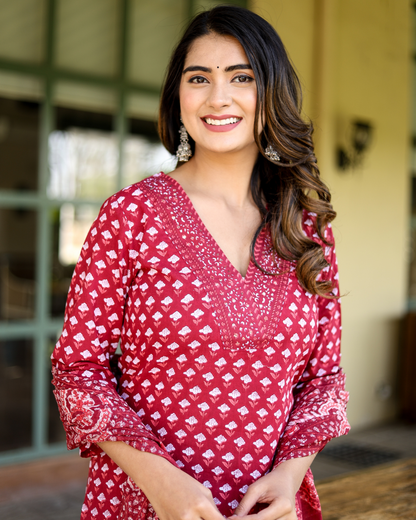 Maroon Cotton Printed Anarkali Style Kurti with Sequence Work Pant and Dupatta Set