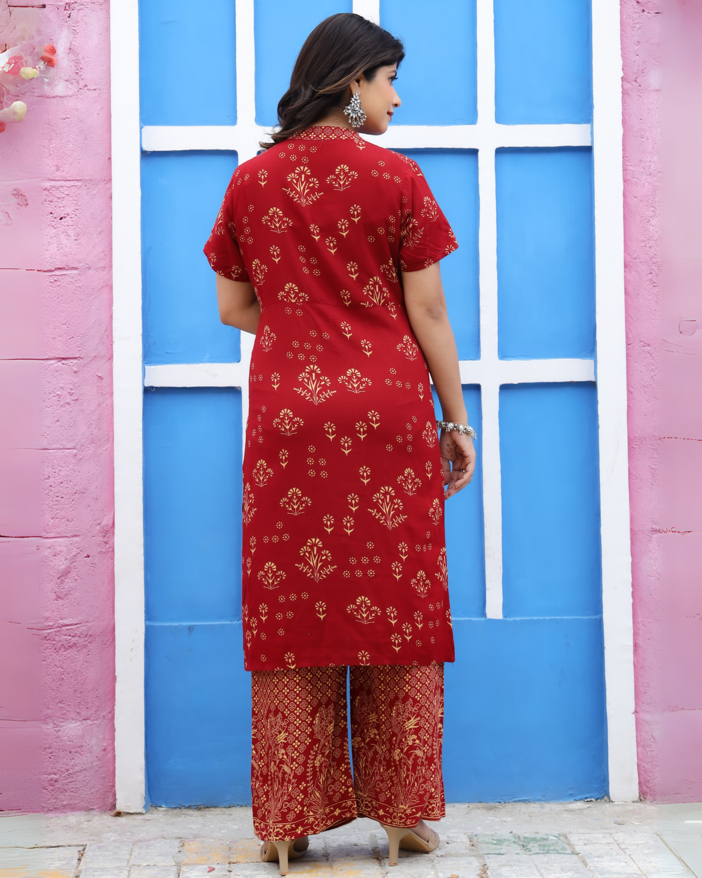 Maroon Rayon Printed Side Cut Kurti with Plazo Ethnic and Chic