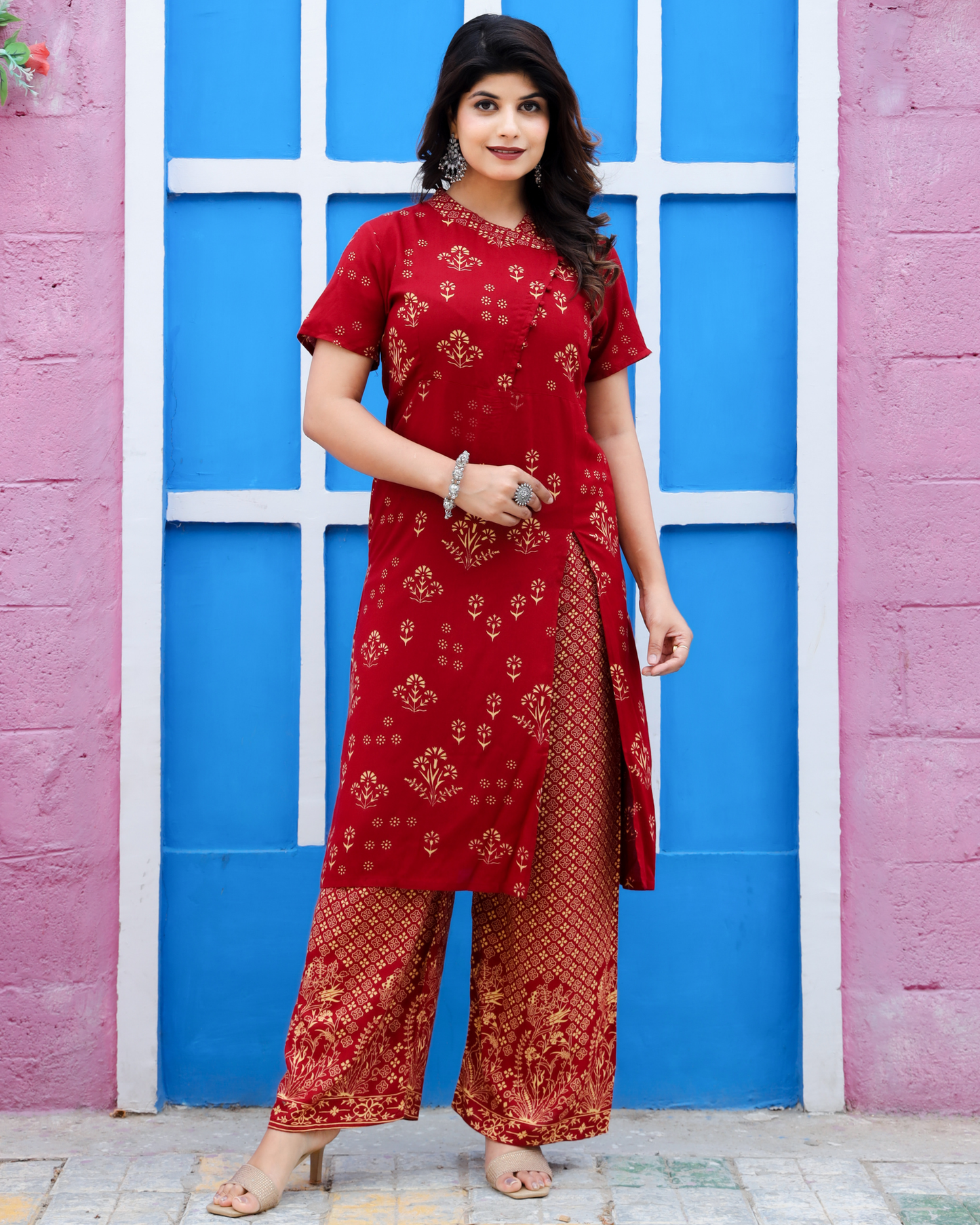 Maroon Rayon Printed Side Cut Kurti with Plazo Ethnic and Chic