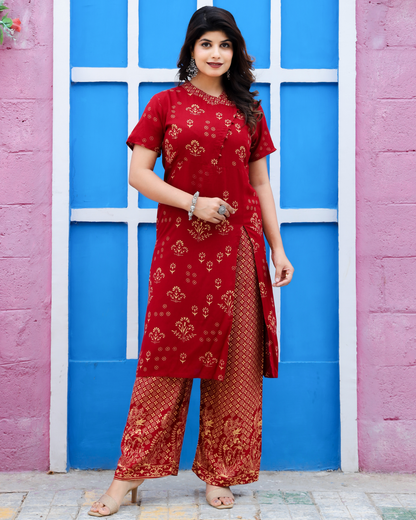 Maroon Rayon Printed Side Cut Kurti with Plazo Ethnic and Chic