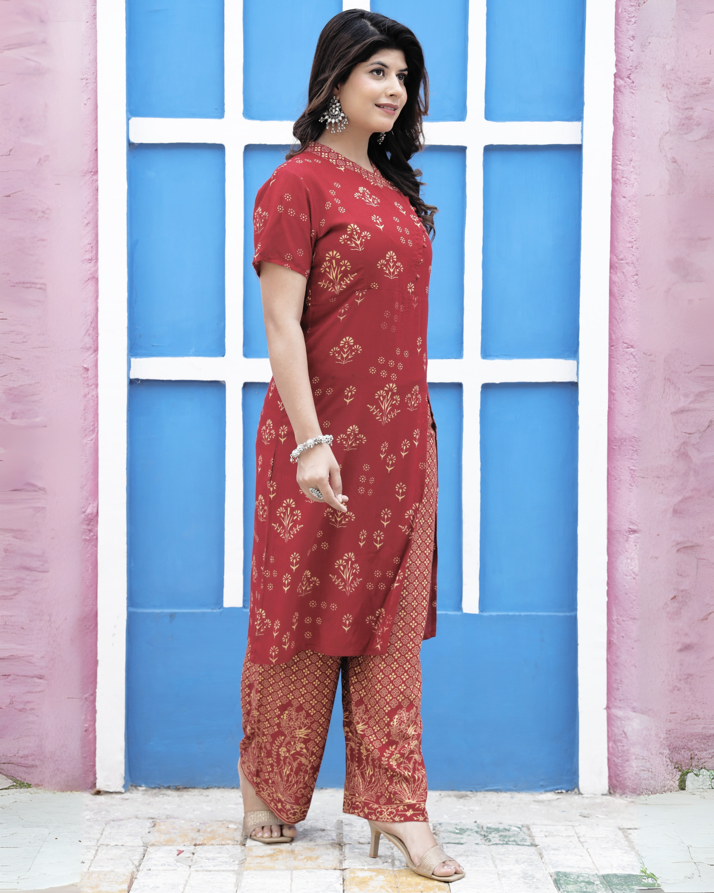 Maroon Rayon Printed Side Cut Kurti with Plazo Ethnic and Chic
