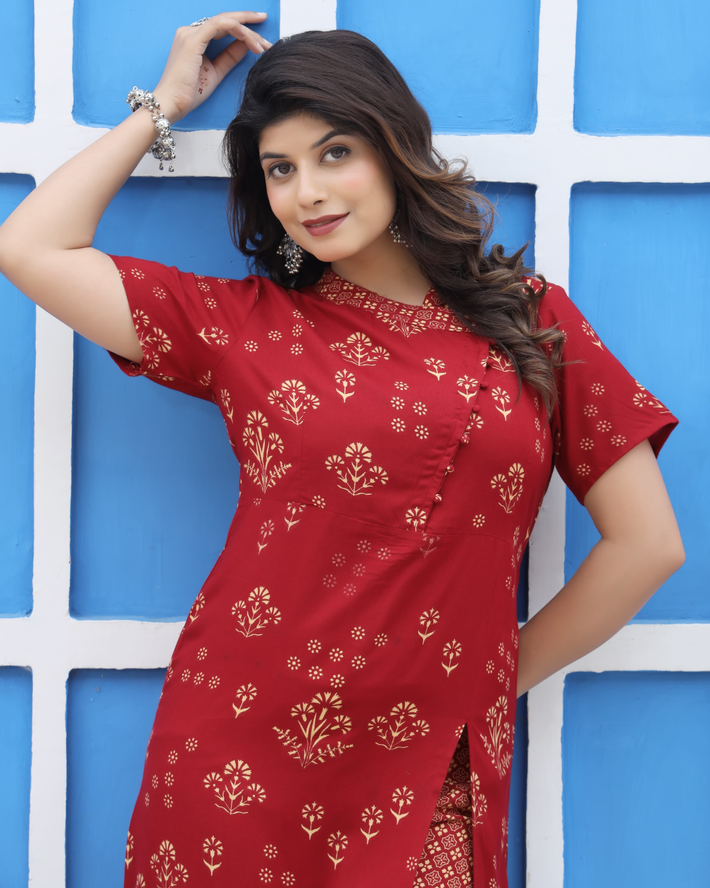 Maroon Rayon Printed Side Cut Kurti with Plazo Ethnic and Chic