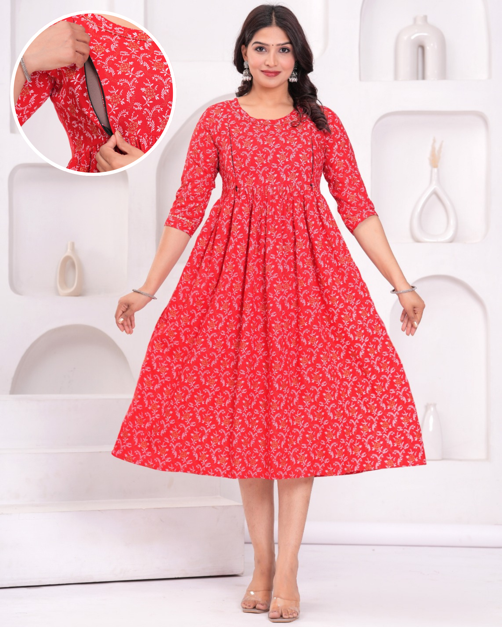 Stylish Red Bell Maternity Gown Designed for Moms with Feeding Zips